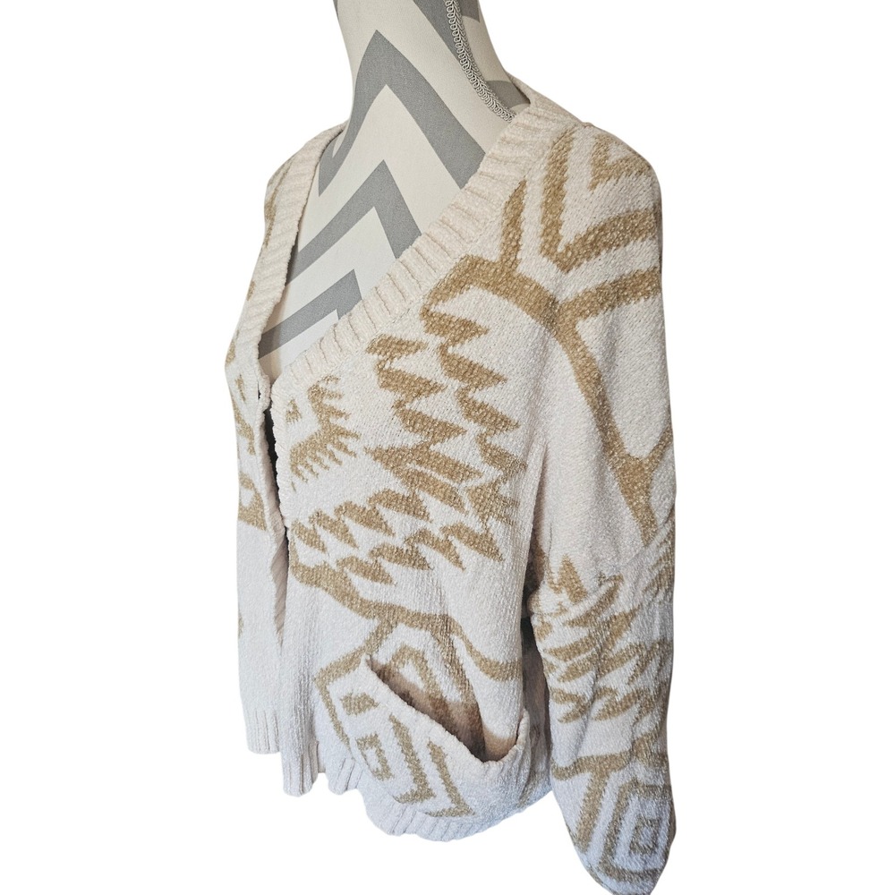 Ces Femme Chenille Cardigan Sweater Womens Medium Tan Cream Southwestern Boxy